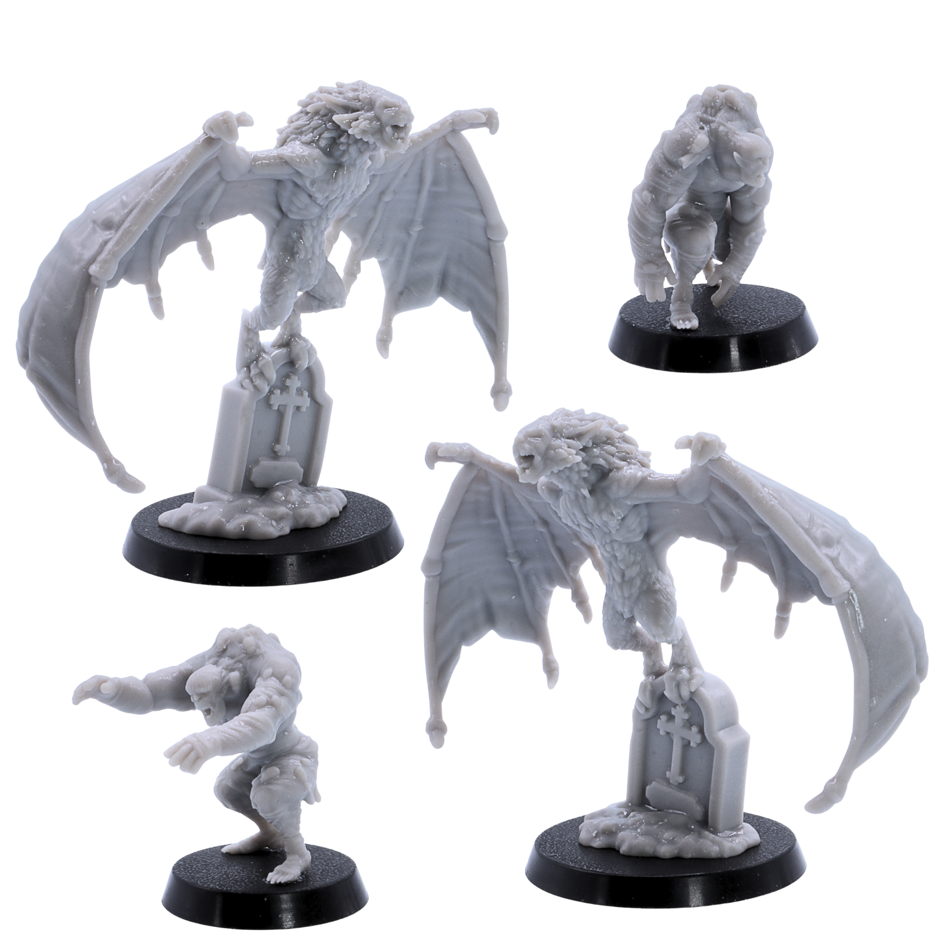 Unpainted winged graveyard monster and undead miniatures from the Halloween Monster Collection shown from multiple angles.