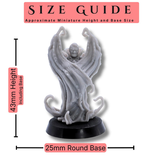 Halloween Monster Set of 11 32mm scale miniatures size guide showing an approximate 43mm height including base and 25mm round base size.