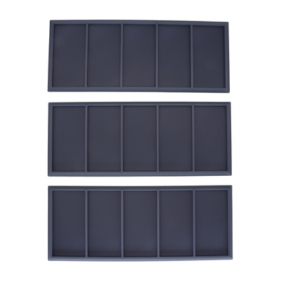 Top view of three Heavy Cavalry Movement Trays showing five individual 60x30mm miniature slots per tray.