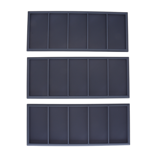 Top view of three Heavy Cavalry Movement Trays showing five individual 60x30mm miniature slots per tray.