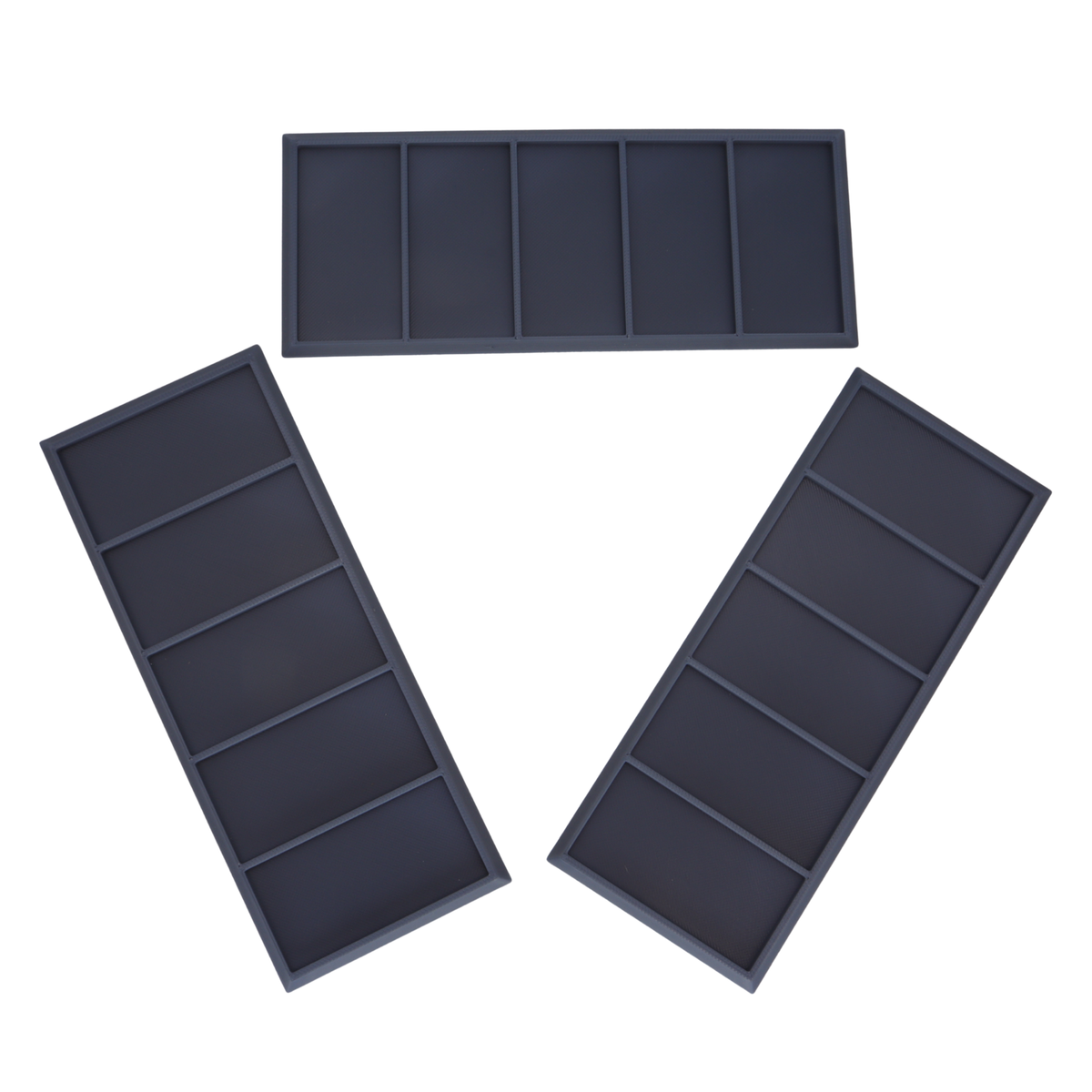 Three Heavy Cavalry Movement Trays arranged to show the five-model rectangular formation layout.