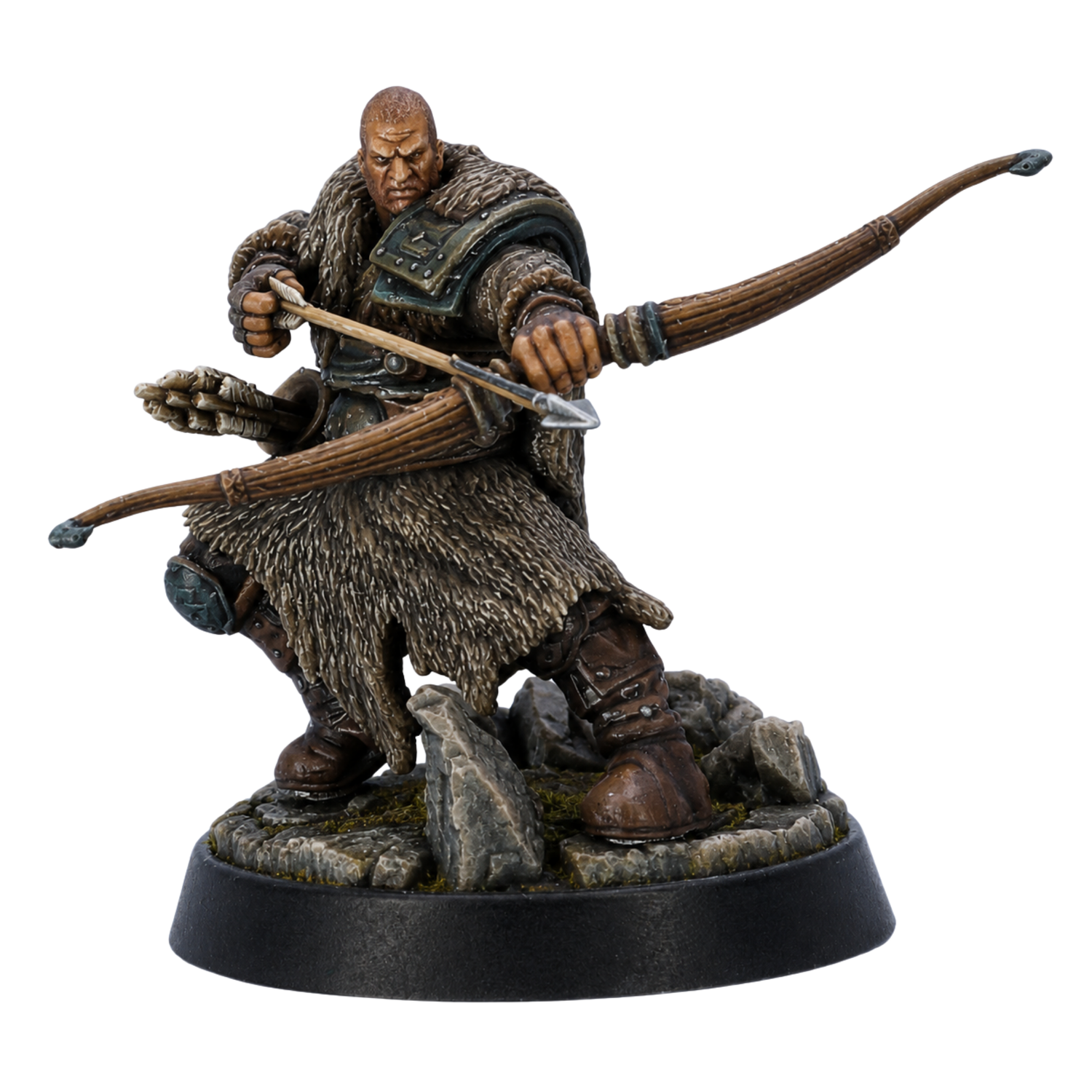 Painted Hegar Manhunter miniature by Highlands Miniatures drawing a bow on a scenic 32mm round base.