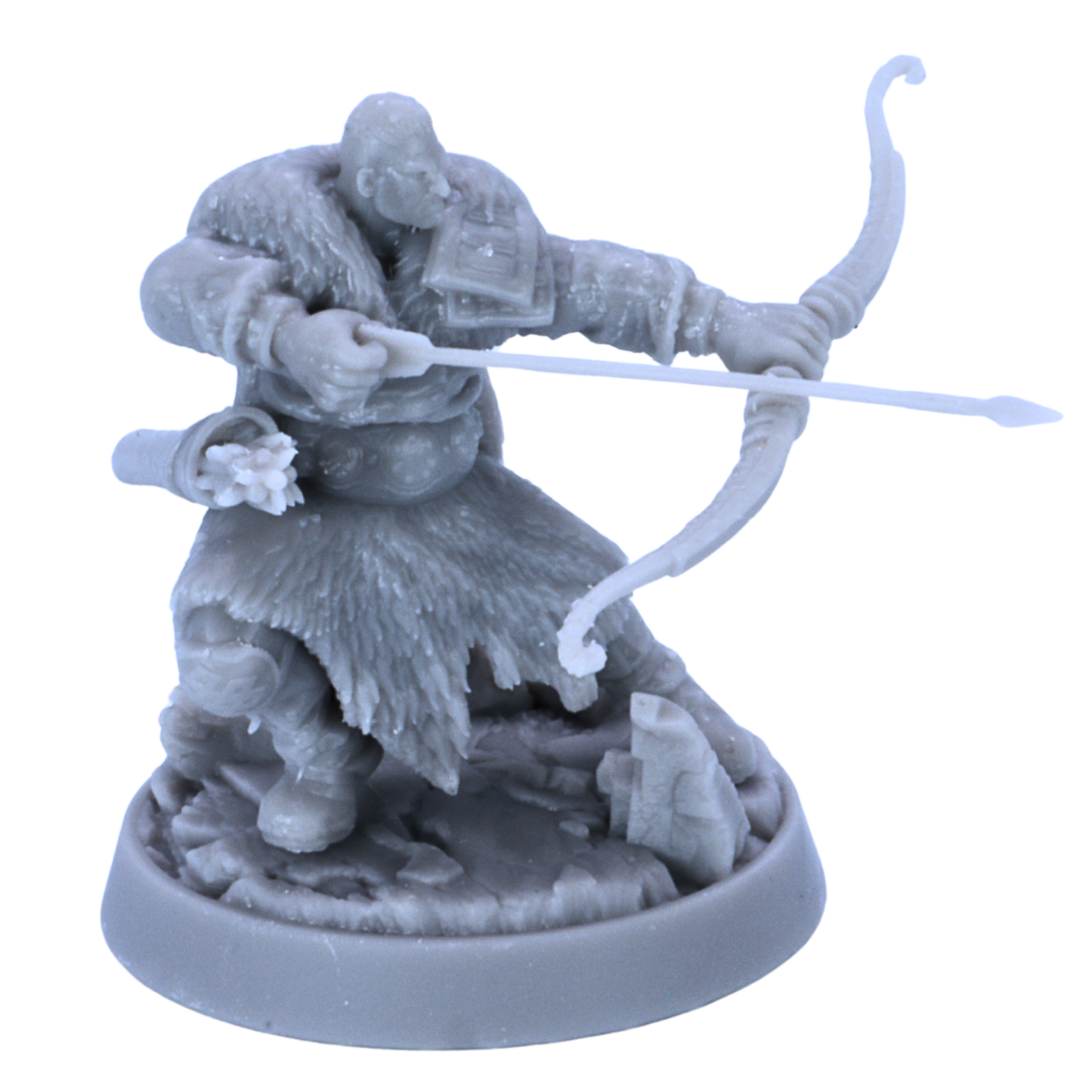 Unpainted Hegar Manhunter miniature aiming a longbow with arrow drawn on a 32mm round base.