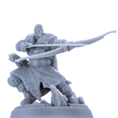 Close-up of unpainted Hegar Manhunter resin miniature showing bow, arrow, fur cloak, and armour details.