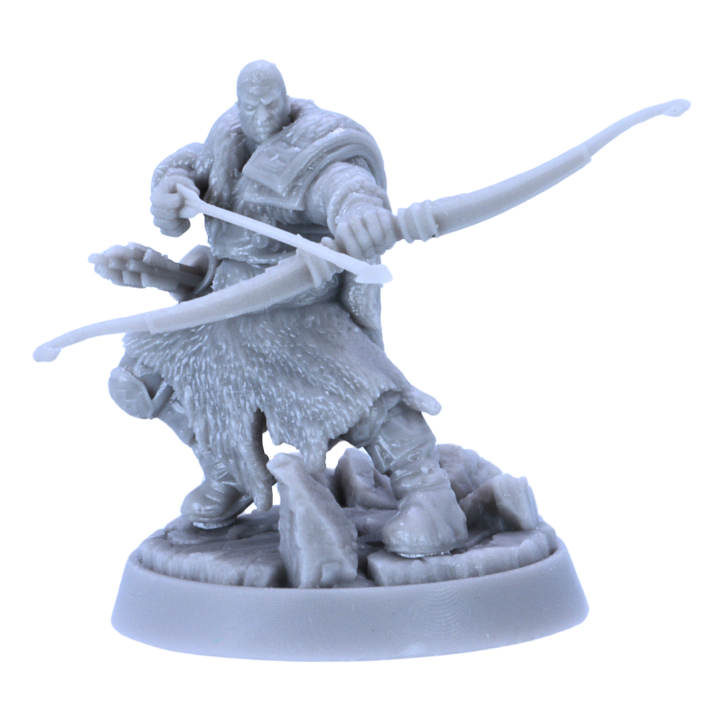 Unpainted Hegar Manhunter miniature front angle with longbow drawn and rocky scenic base.