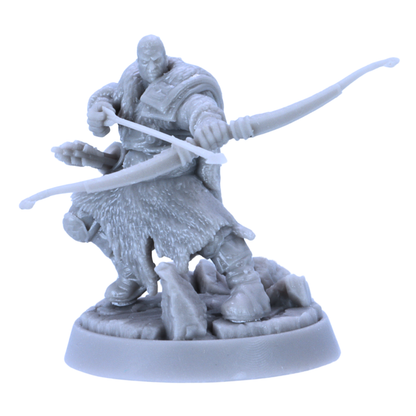 Unpainted Hegar Manhunter miniature front angle with longbow drawn and rocky scenic base.