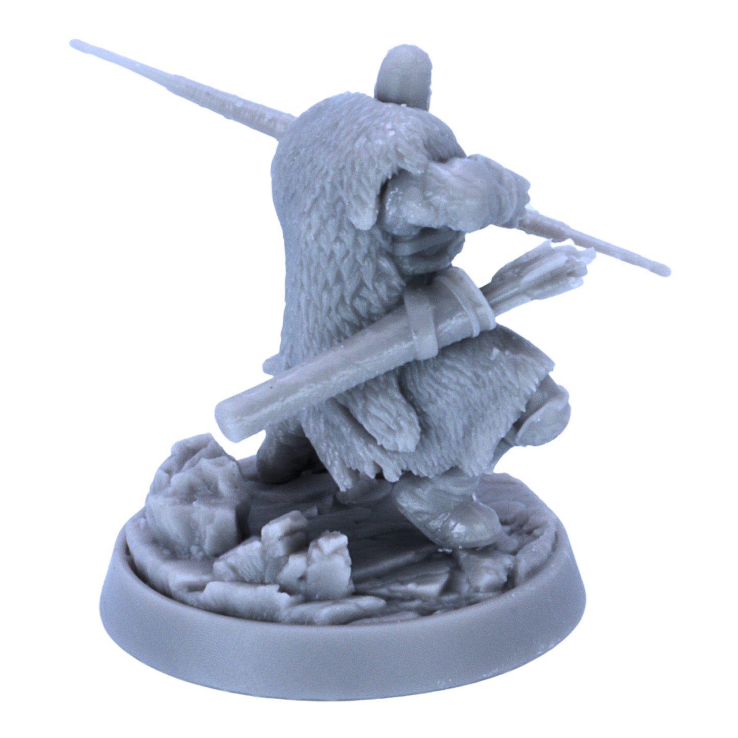 Rear view of unpainted Hegar Manhunter miniature showing fur cloak, quiver, bow, and scenic base.