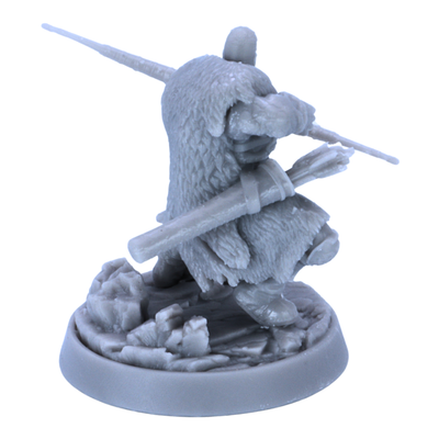 Rear view of unpainted Hegar Manhunter miniature showing fur cloak, quiver, bow, and scenic base.