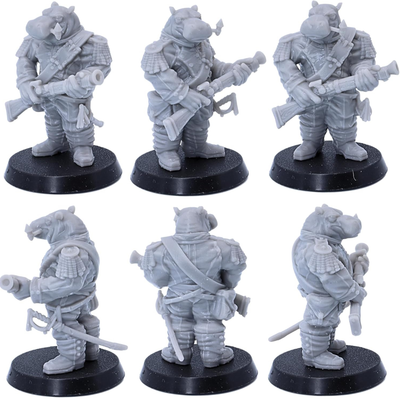 Multiple views of a hippo warrior carrying a fantasy firearm and wearing detailed military equipment.