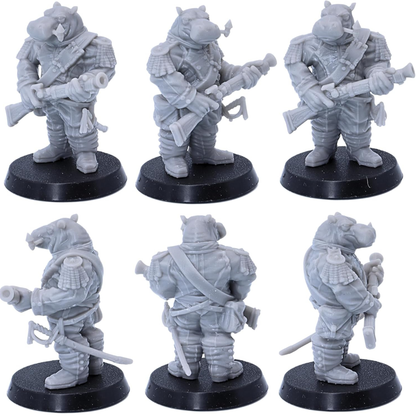 Multiple views of a hippo warrior carrying a fantasy firearm and wearing detailed military equipment.