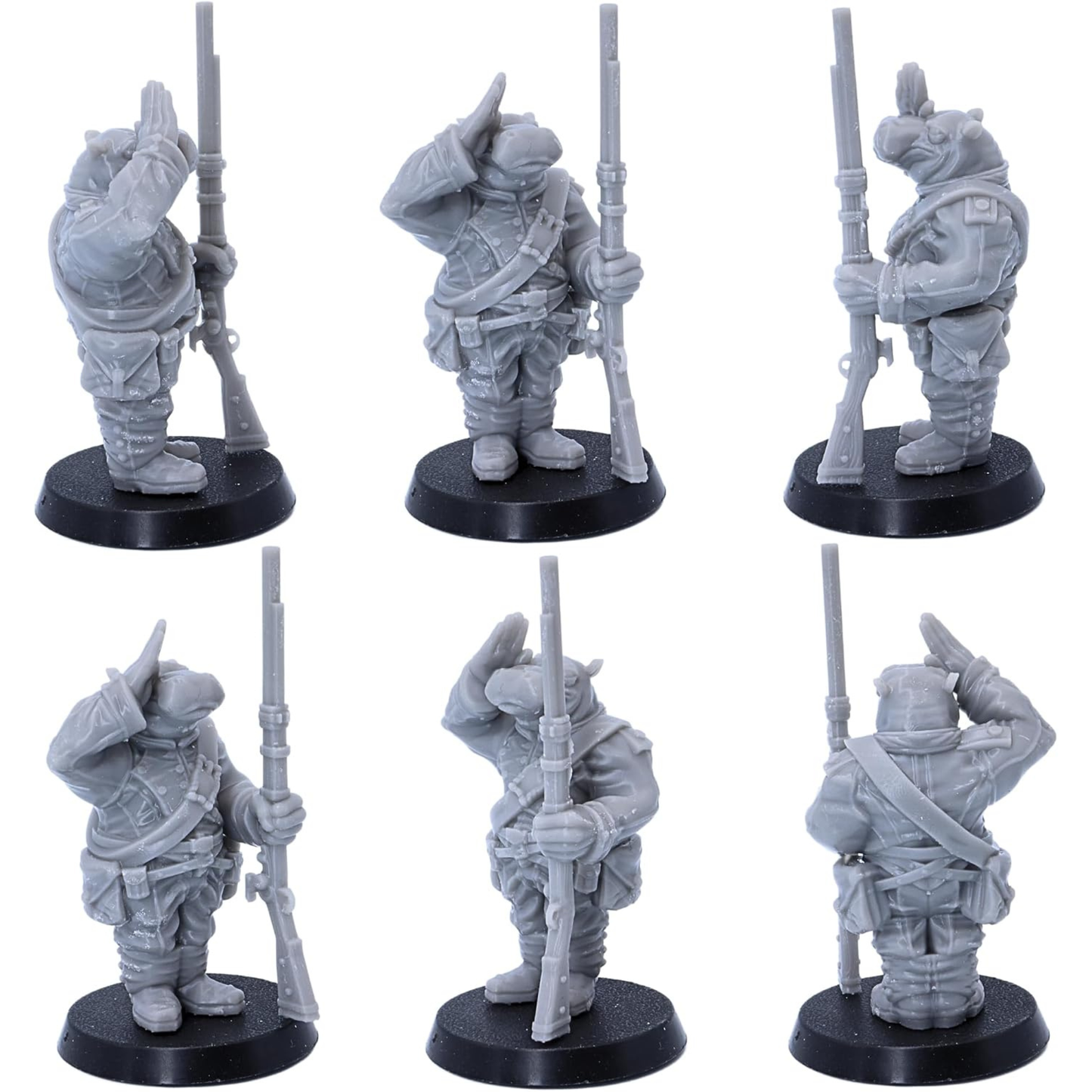 Multiple views of the saluting hippo warrior carrying a long rifle.