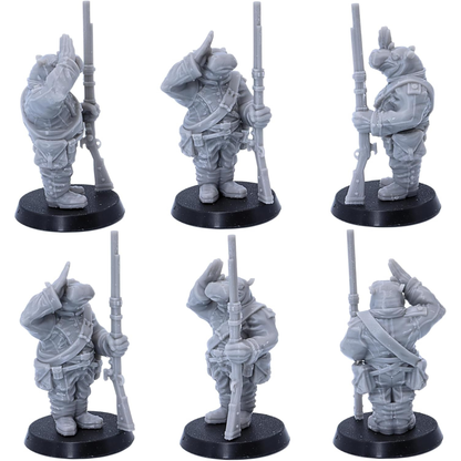 Multiple views of the saluting hippo warrior carrying a long rifle.