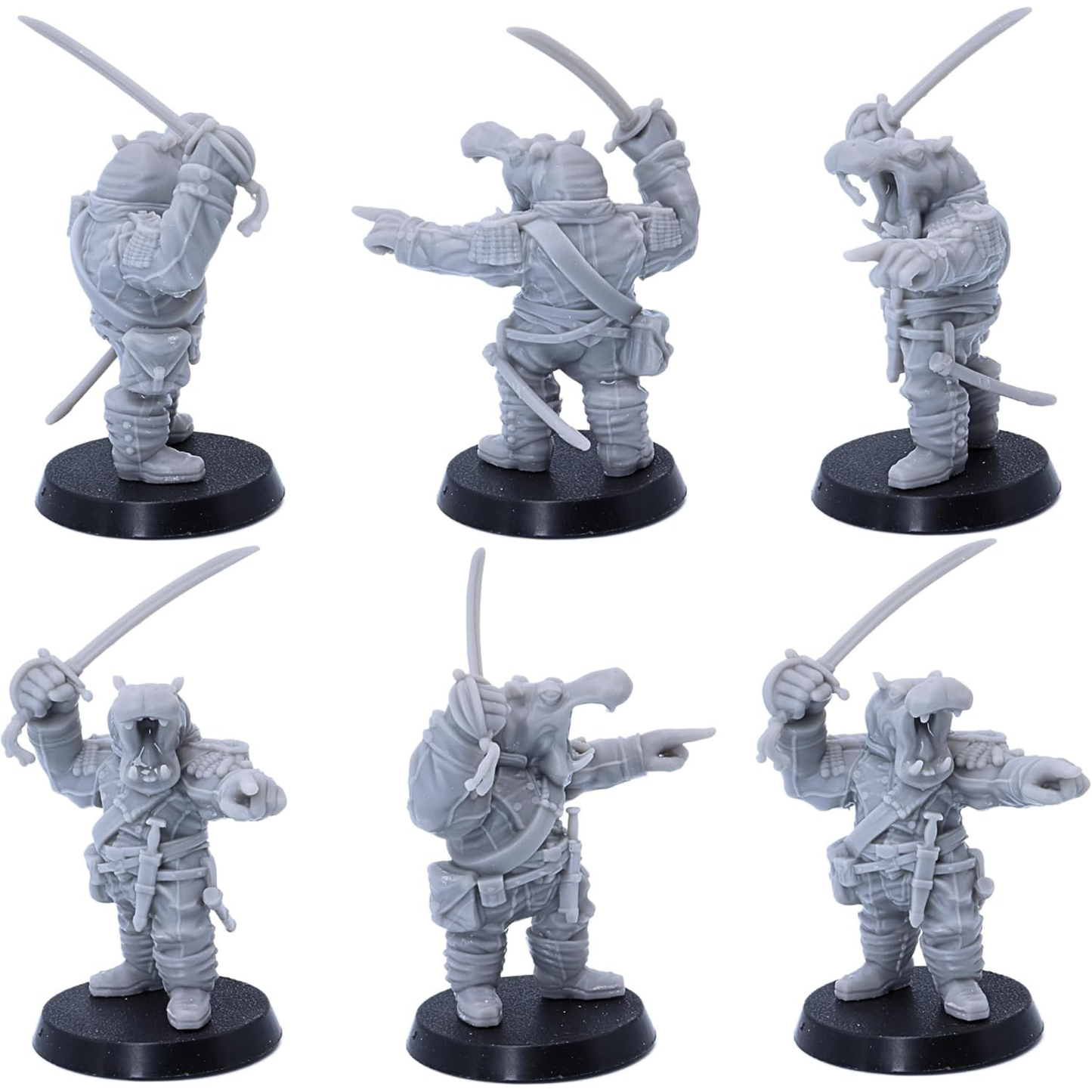 Hippo warrior with raised sabre and commanding gesture shown from multiple angles.