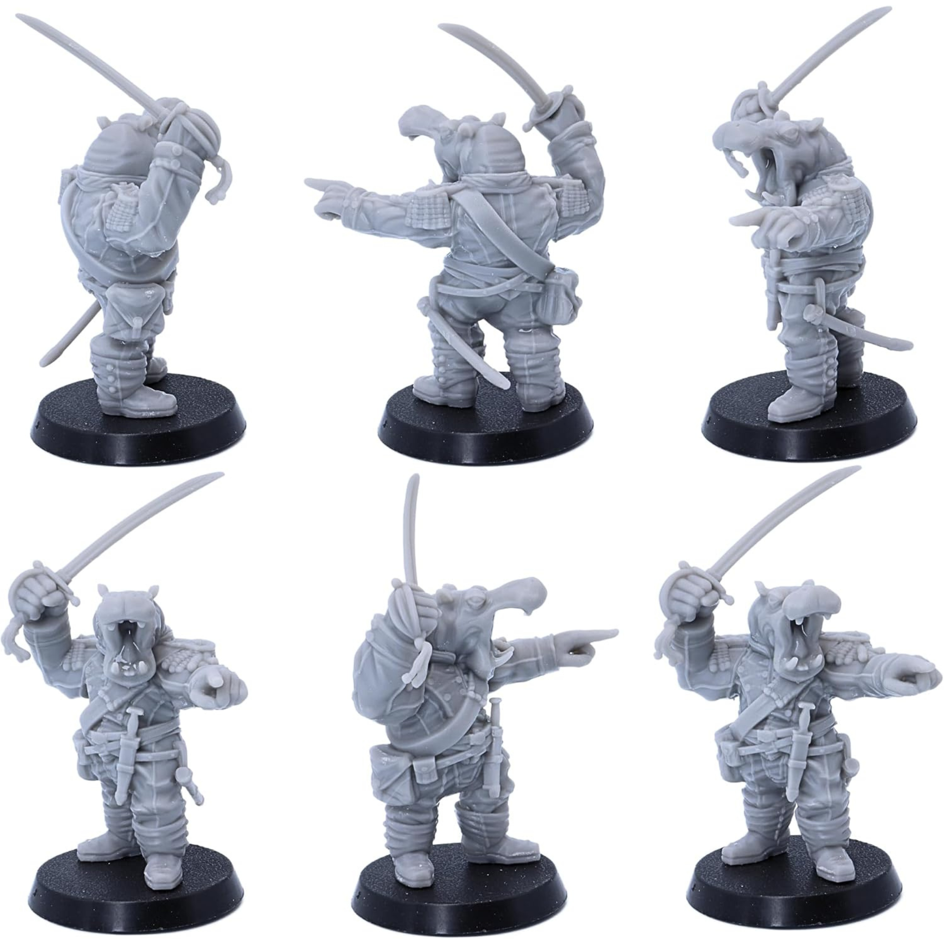 Hippo warrior with raised sabre and commanding gesture shown from multiple angles.