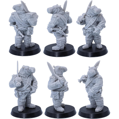Multiple views of a hippo warrior carrying a large sword over the shoulder.