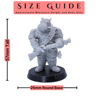 Hippo warrior miniature shown with approximate 57mm height and 25mm round base size guide.