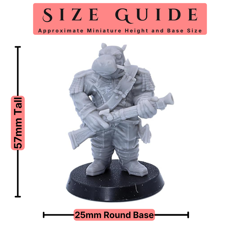 Hippo warrior miniature shown with approximate 57mm height and 25mm round base size guide.