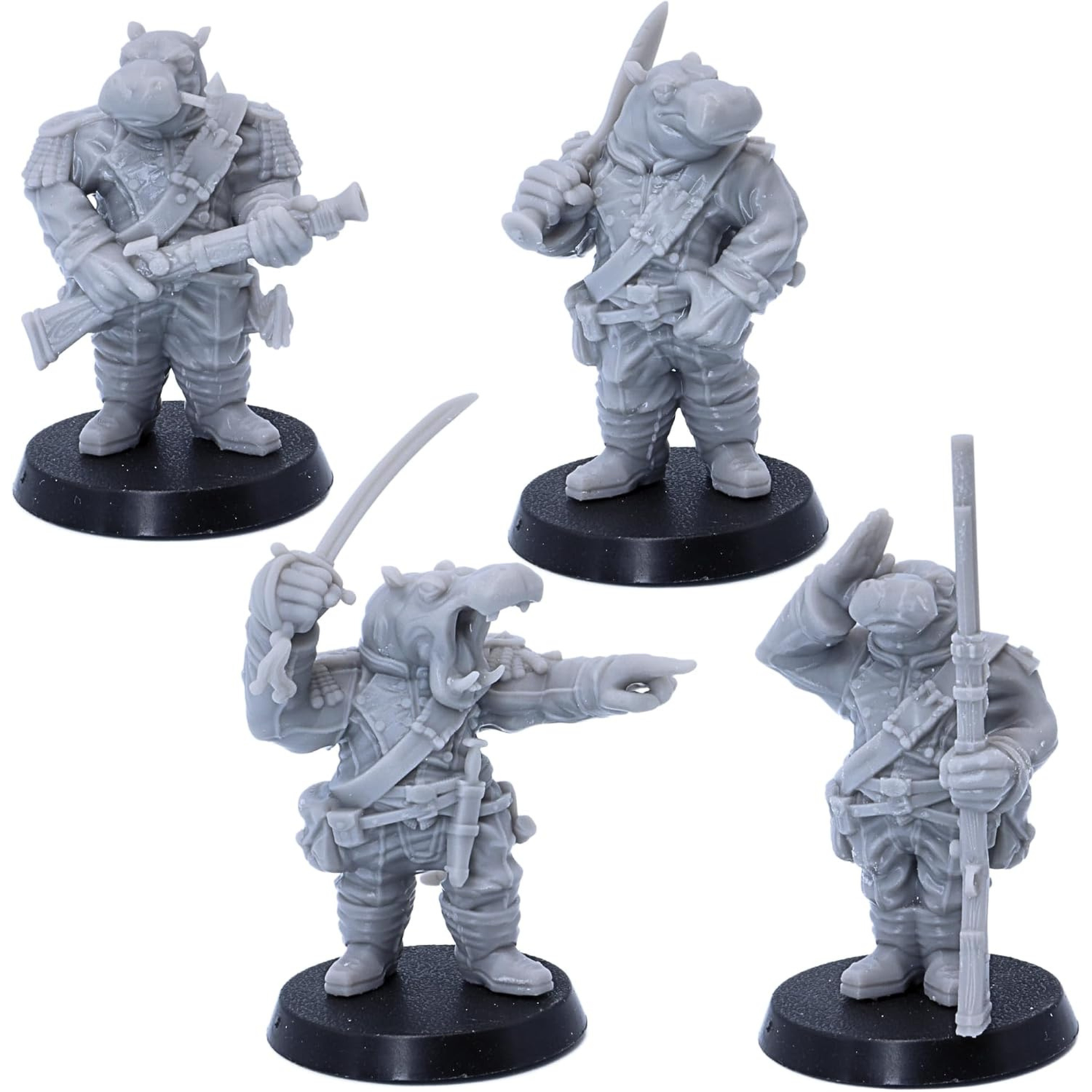 Four unpainted hippo warriors equipped with firearm, sword, rifle and sabre.