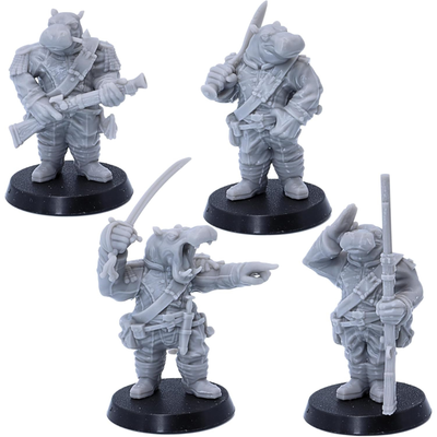 Four unpainted hippo warriors equipped with firearm, sword, rifle and sabre.