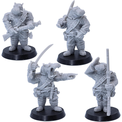 Four unpainted hippo warriors equipped with firearm, sword, rifle and sabre.