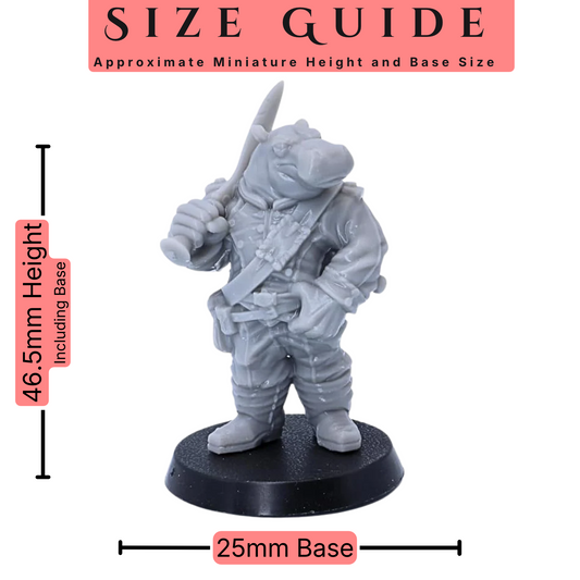 Hippo Warriors set of 4 28mm scale miniatures size guide showing an approximate 46.5mm height including base and 25mm round base size.