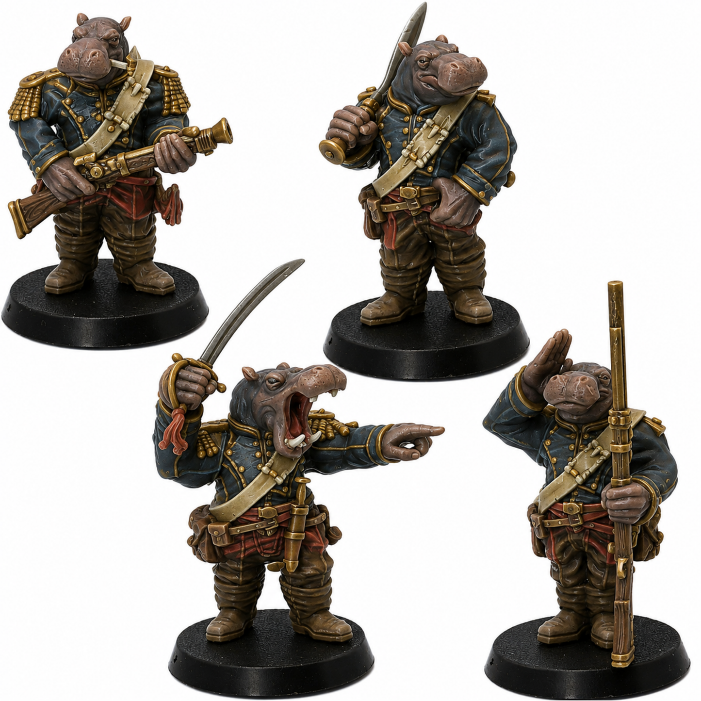 Painted set of four anthropomorphic hippo warrior miniatures in fantasy military uniforms by Epic Miniatures.