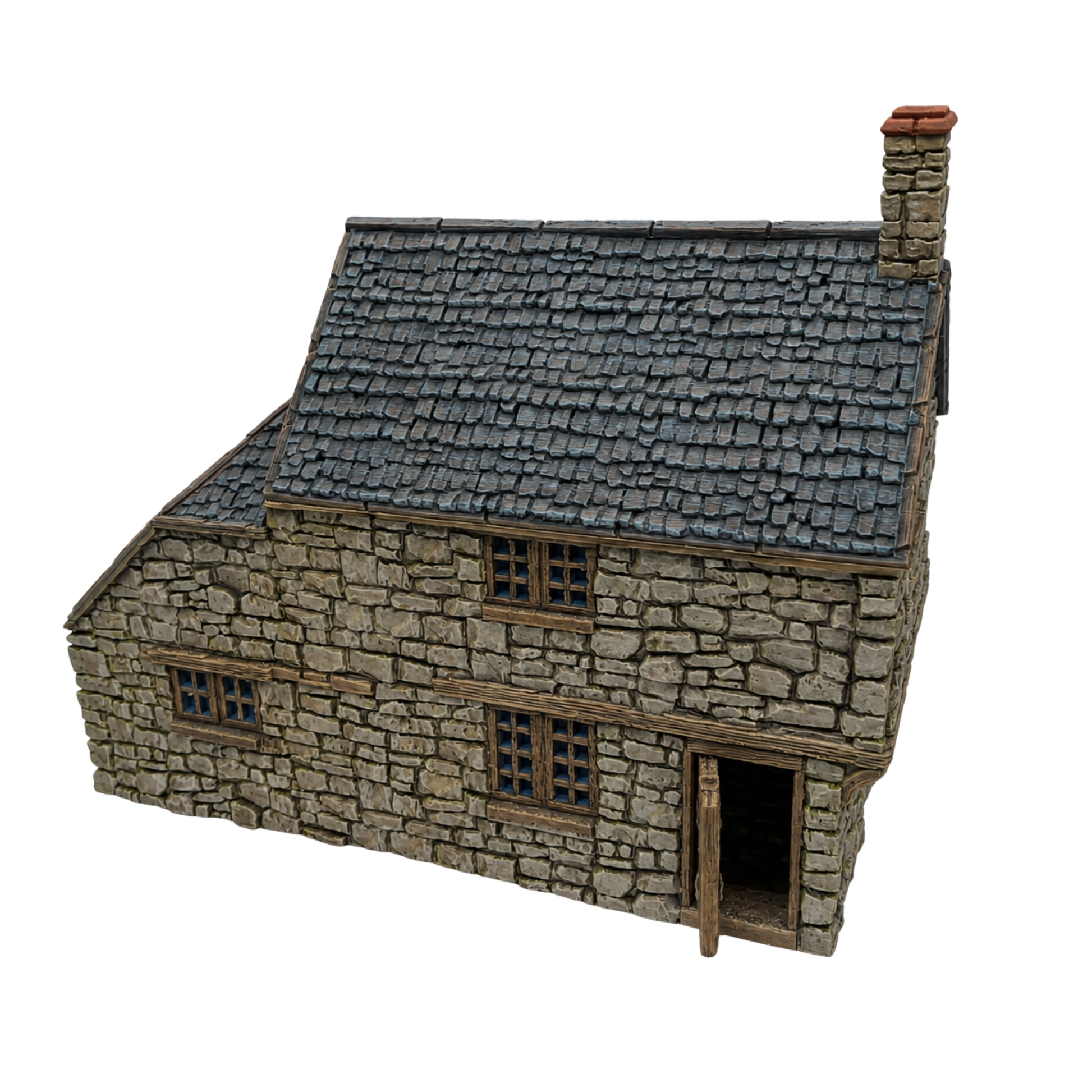 Painted Hollyhock Cottage by Printable Scenery featuring stone walls, tiled roof, timber windows, chimney, and open doorway.