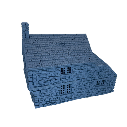 Unpainted rear view of Hollyhock Cottage showing the stone exterior, windows, tiled roof, and chimney.