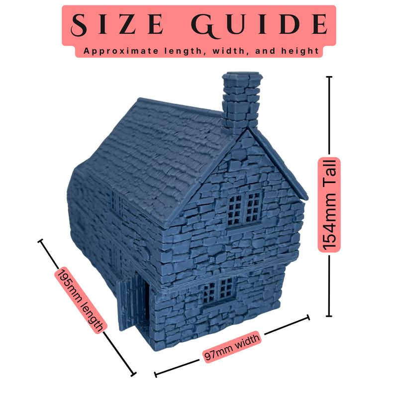 Size guide showing Hollyhock Cottage measuring approximately 195mm long, 97mm wide, and 154mm tall.