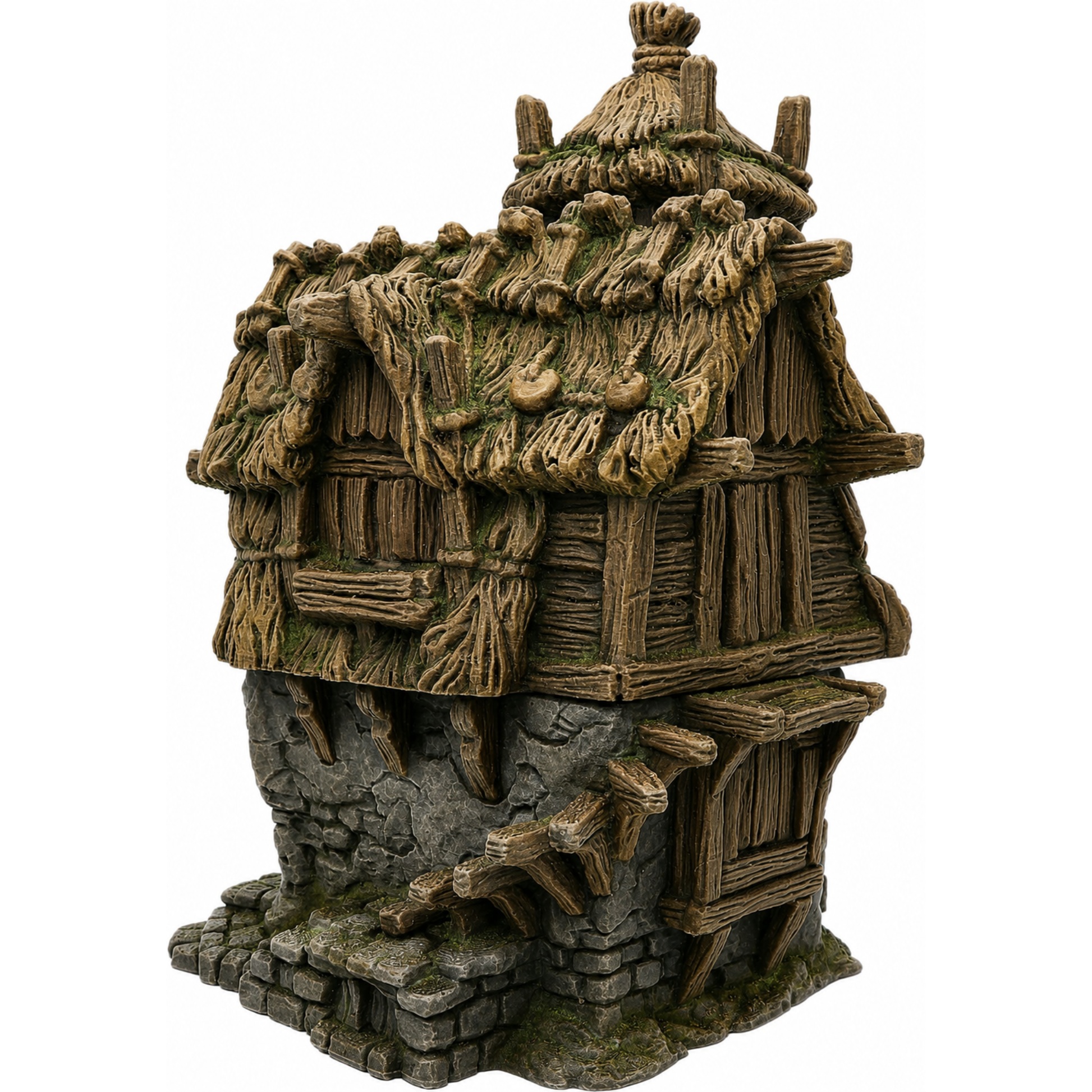 Painted Homestead fantasy building with detailed stonework, timber framing and thatched roofing.