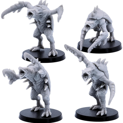 Four differently posed Hook Horror resin miniatures for fantasy tabletop encounters.
