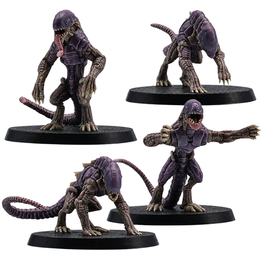 Painted Hounds of Tindalos miniatures set by Epic Miniatures featuring four alien horror beast poses.
