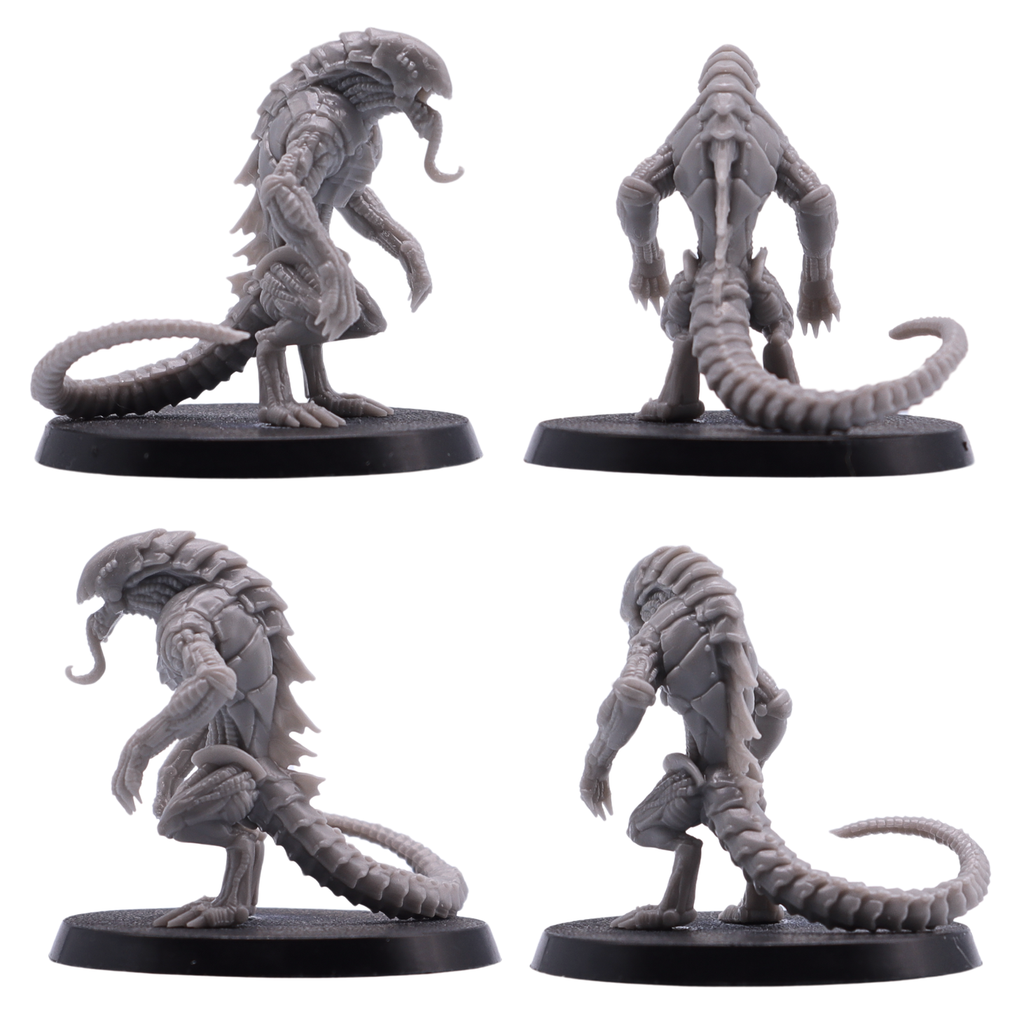 Unpainted Hound of Tindalos miniature shown from front, side, and rear angles with open jaws and long tail.