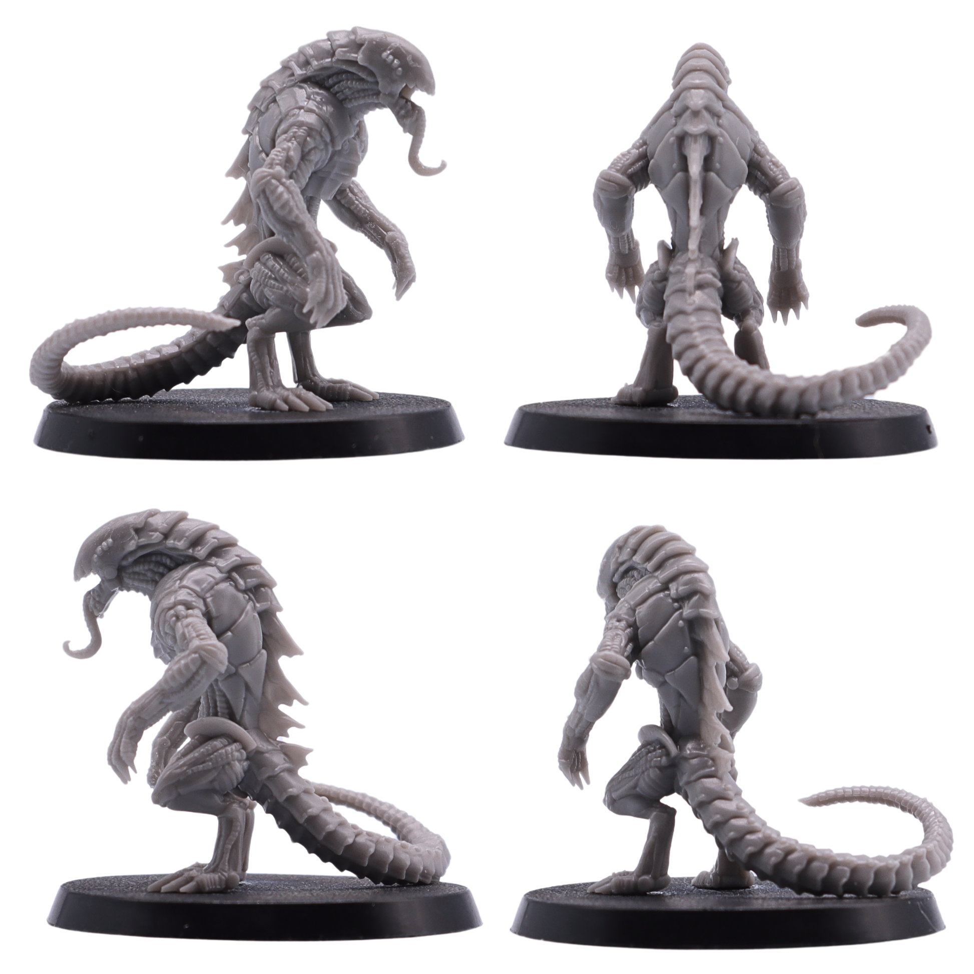Unpainted Hound of Tindalos miniature shown from front, side, and rear angles with open jaws and long tail.