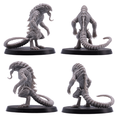 Unpainted Hound of Tindalos miniature shown from front, side, and rear angles with open jaws and long tail.