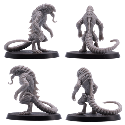 Unpainted Hound of Tindalos miniature shown from front, side, and rear angles with open jaws and long tail.