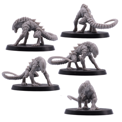 Unpainted Hound of Tindalos miniature shown from multiple angles in a low stalking pose.