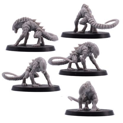 Unpainted Hound of Tindalos miniature shown from multiple angles in a low stalking pose.