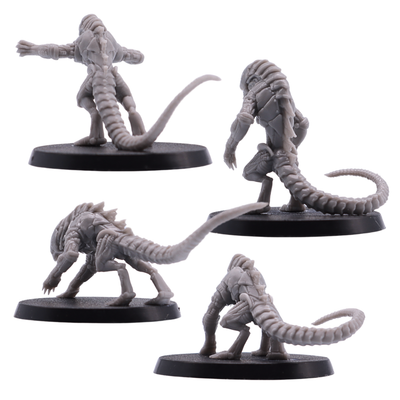 Rear and side views of unpainted Hounds of Tindalos miniatures showing tails, carapace details, and alien creature sculpting.