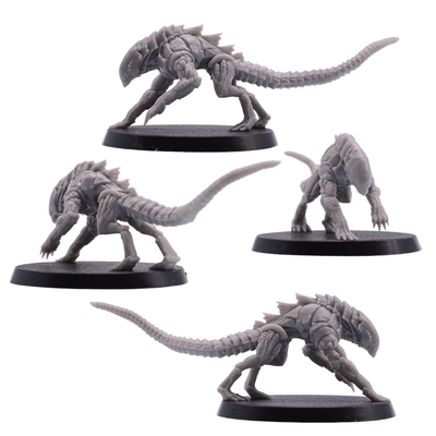 Side views of unpainted Hounds of Tindalos miniatures showing long tails, clawed limbs, and armoured alien bodies.