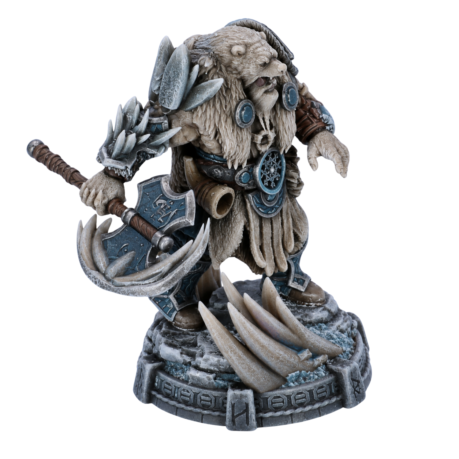 Painted Icebjorn Horgast miniature by Daybreak Miniatures with bear helm, axe, fur armour, and scenic icy base.