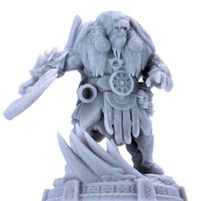 Close-up of unpainted Icebjorn Horgast resin miniature showing bear helm, fur, armour, and chest details.