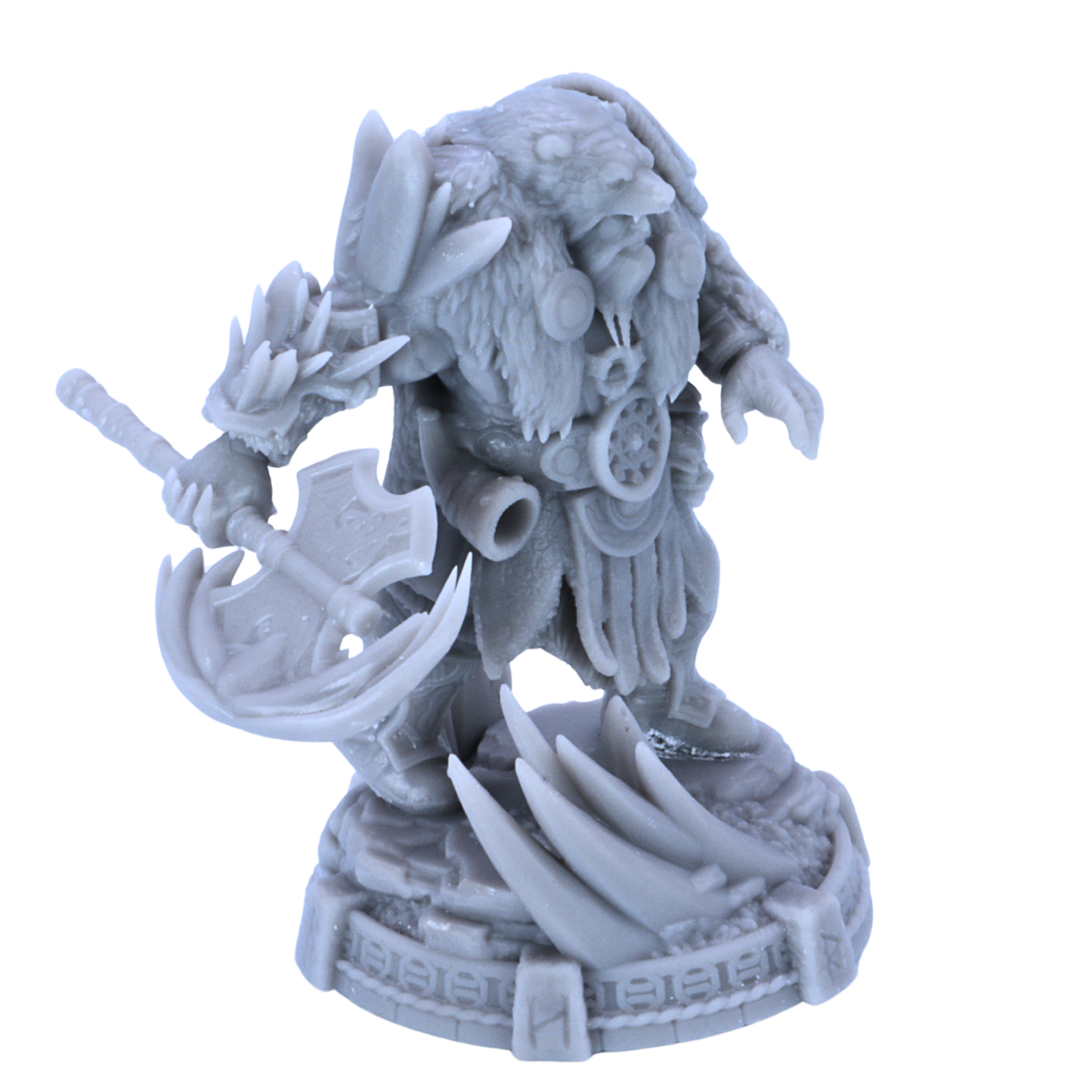 Unpainted Icebjorn Horgast miniature front angle with axe, bear-themed armour, and scenic base.