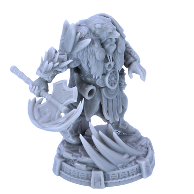 Unpainted Icebjorn Horgast miniature front angle with axe, bear-themed armour, and scenic base.