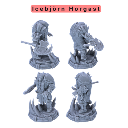 Unpainted Icebjorn Horgast miniature showing Norse warrior with horned helm, axe, shield, and detailed scenic base.