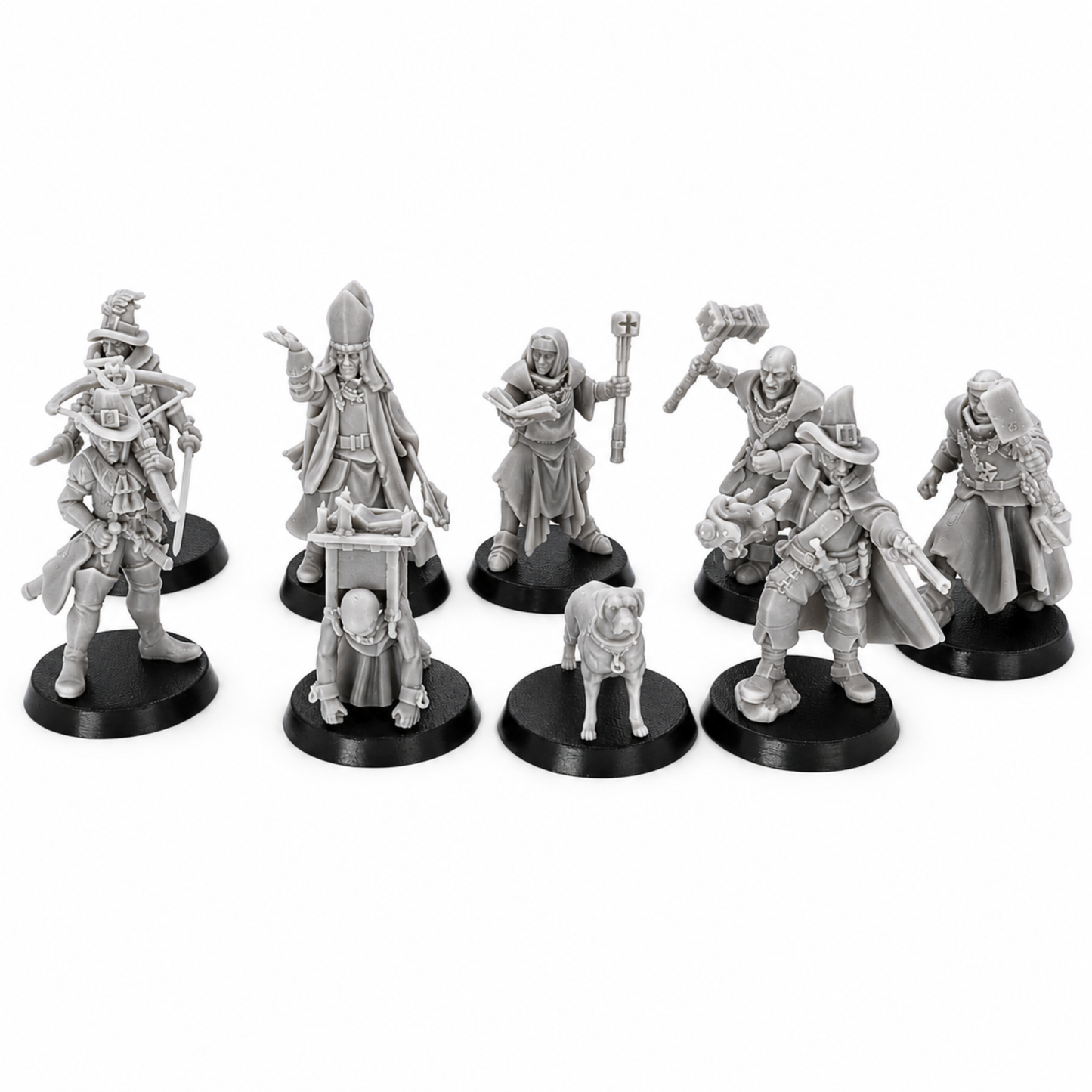 Group view of the unpainted Inquisitor Band full set with witch hunters, priests, inquisitor, hound, and attendant.