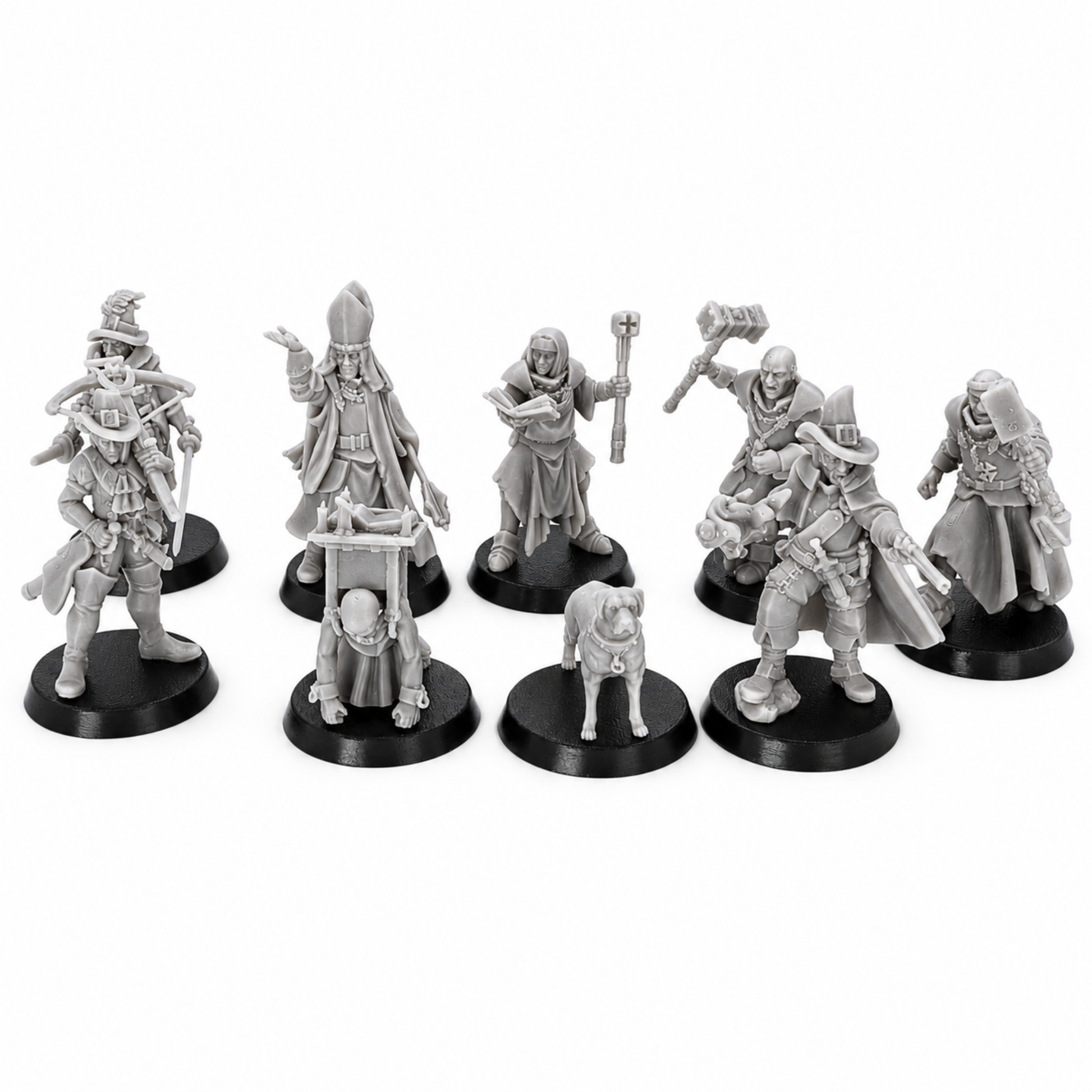 Group view of the unpainted Inquisitor Band full set with witch hunters, priests, inquisitor, hound, and attendant.