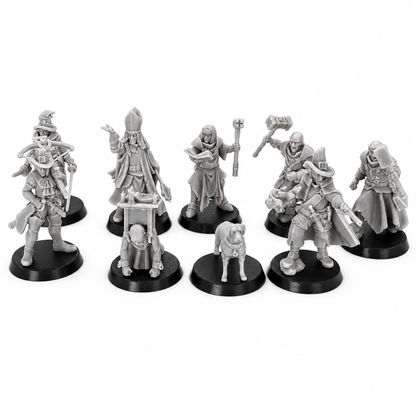 Group view of the unpainted Inquisitor Band full set with witch hunters, priests, inquisitor, hound, and attendant.