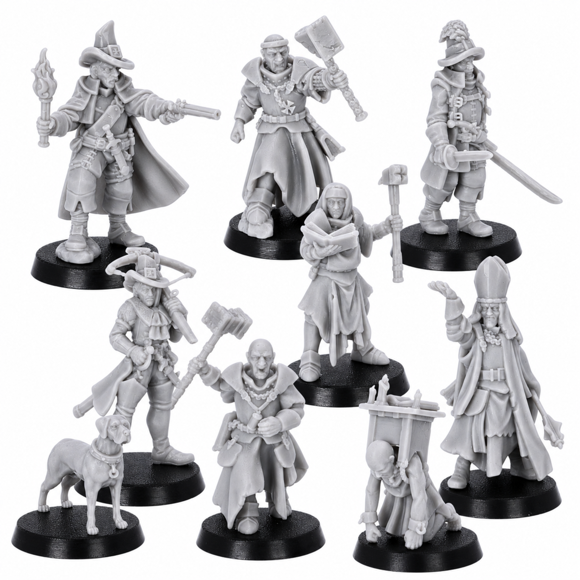Unpainted Inquisitor Band full set by Highlands Miniatures showing nine resin fantasy inquisitor miniatures on round bases.