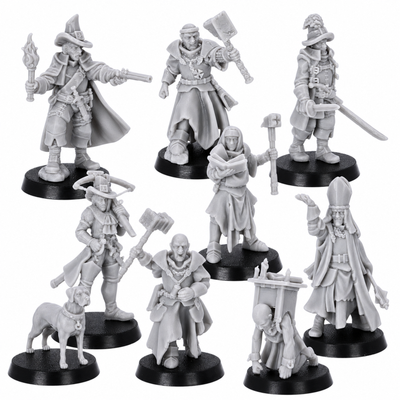 Unpainted Inquisitor Band full set by Highlands Miniatures showing nine resin fantasy inquisitor miniatures on round bases.